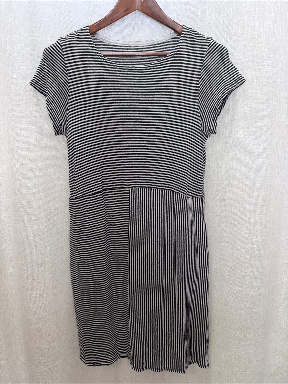 Eileen Fisher Black & White Striped Organic Linen Short Sleeve Dress